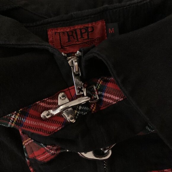 Tripp NYC Plaid Halter Corset Top Medium Red Black Zipper Buckles Punk Goth Y2K - Picture 6 of 6